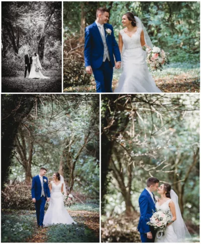 Bride and groom in a forest wedding photoshoot.