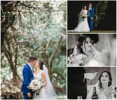 Wedding couple's portraits in nature and candid moments.