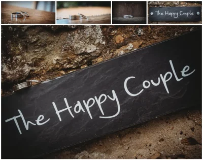 Wedding rings and 'The Happy Couple' sign montage.