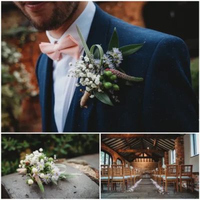 Groom's boutonniere, rustic bridal bouquet, and wedding venue interior.