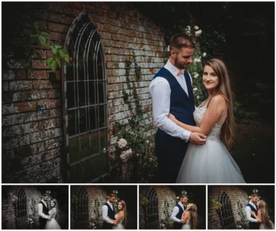 Couple's wedding photoshoot by vintage brick wall.