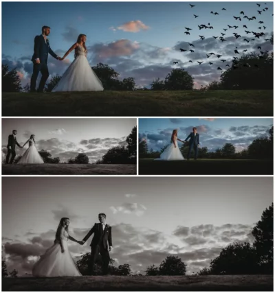 Bride and groom outdoor photoshoot with dramatic sky.