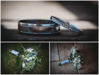 Wedding rings and bouquets, elegant matrimonial symbols.
