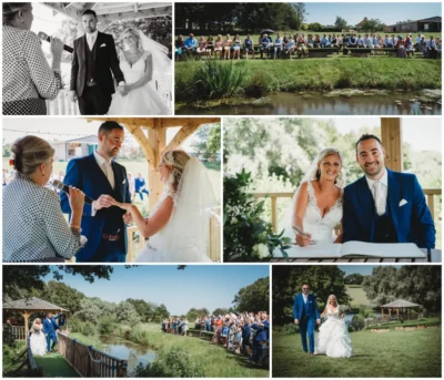 Couple's wedding day highlights at outdoor venue.