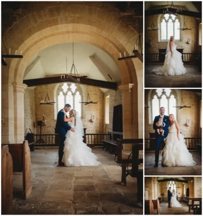 Bride and groom posing in historic church setting.