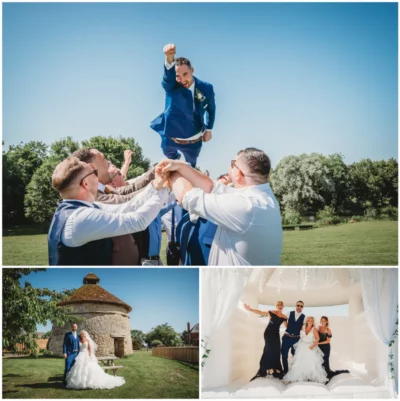 Groomsmen lifting groom, couple by dovecote, bounce house fun.
