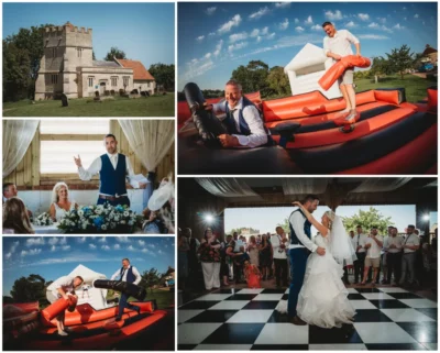 Collage of joyful British countryside wedding moments.