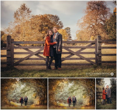 Couple's autumnal engagement photoshoot in countryside.