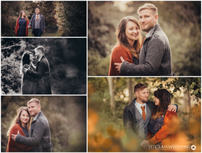 Couple's autumn engagement photo session in woodland setting.