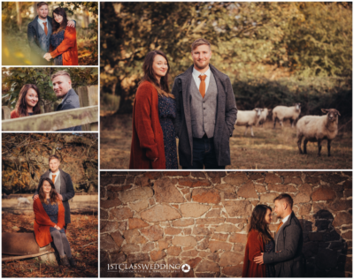 Couple's autumnal engagement photo session with rustic backdrop.