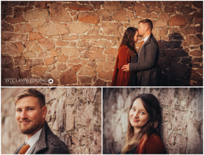Couple embracing by stone wall, individual portraits, warm tones.