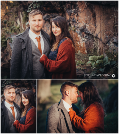 Couple in autumnal engagement photoshoot outdoors.