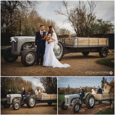 Bride and groom posing with vintage tractor on wedding day.