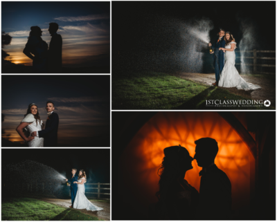 Couple's creative wedding photography at dusk and night.