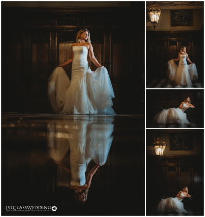 Bride in elegant gown with grand hall reflection.