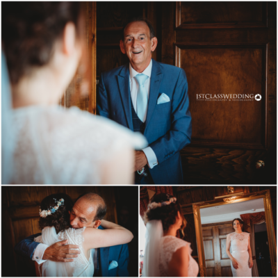 Bride in heartfelt moments with father on wedding day.