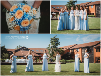 Bride and bridesmaids in blue, outdoor wedding venue.