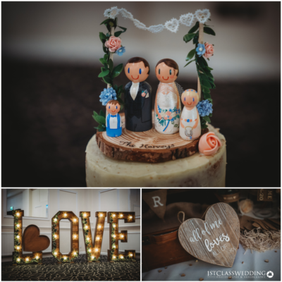 Custom wedding cake topper, illuminated love sign, heart decoration.