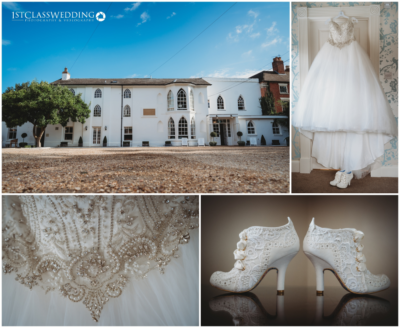 Elegant wedding venue and bridal details collage.
