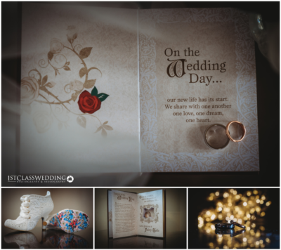 Wedding card, rings, shoes, and bokeh lights collage.