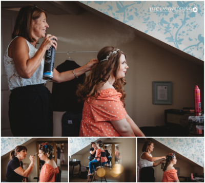 Bridal hair and makeup preparation session.