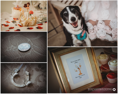 Collage of wedding decorative details and a happy dog.