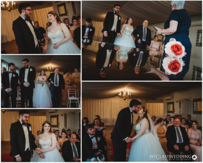 Joyful wedding ceremony moments with couple and guests