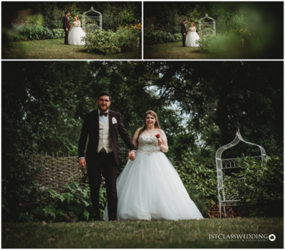 Bride and groom in a lush garden setting.