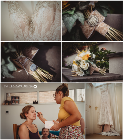Bridal preparation: dress, bouquet, and makeup for the wedding.