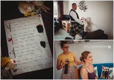 Wedding preparations, handwritten love poem, bride and groom getting ready.