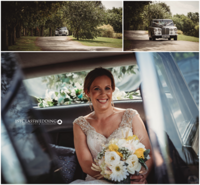 Bride in car, vintage wedding vehicle, summer nuptials.