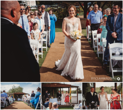 Outdoor wedding ceremony with bride and guests.