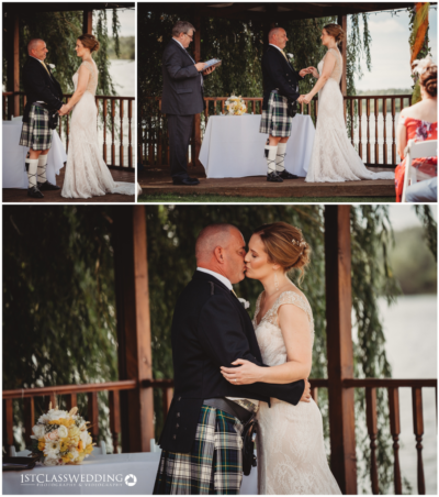 Scottish wedding ceremony with couple exchanging vows and kissing.