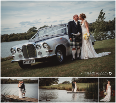 Bride, groom by vintage car at lakeside wedding.