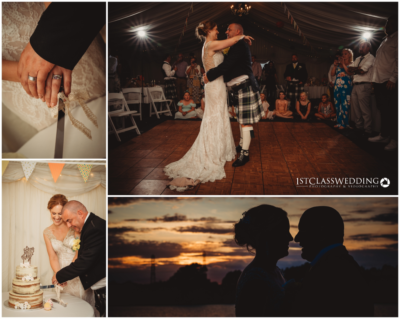Collage of joyful wedding moments, including couple's first dance.