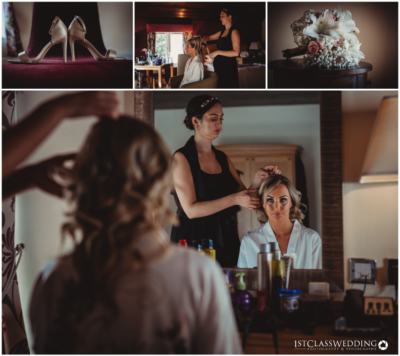 Bridal preparation with shoes, bouquet, and hairstyling.
