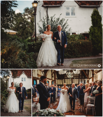 Bride with father and groom at English wedding venue.