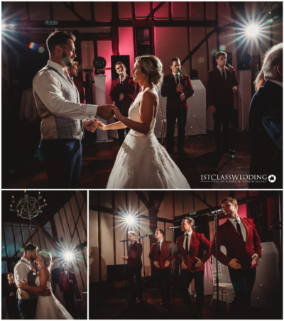 Wedding couple's first dance with live band in background.
