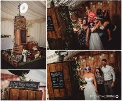 Vintage photo booth setup at rustic wedding with guests.