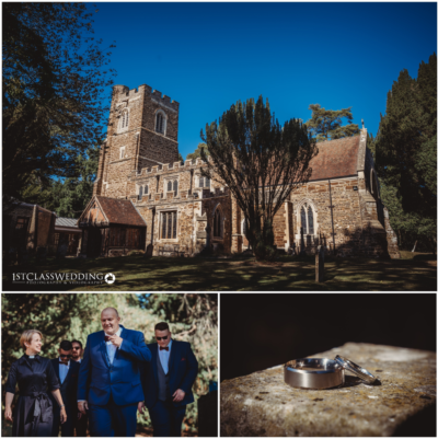 Historic church, wedding guests, and rings on stone.