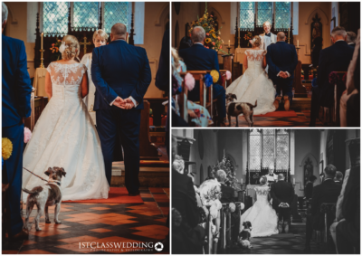 Wedding ceremony with couple and dog in church.