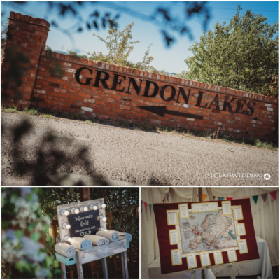 Grendon Lakes signage, wedding blanket basket, seating plan display.