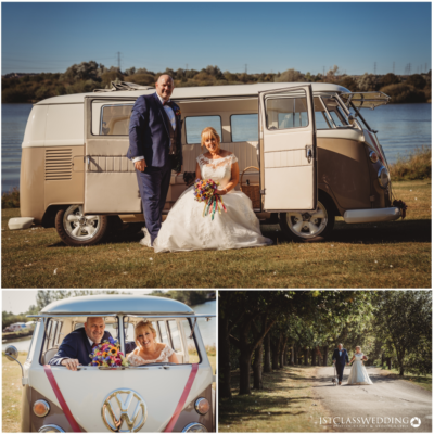 Bride and groom with vintage VW camper van on wedding day.