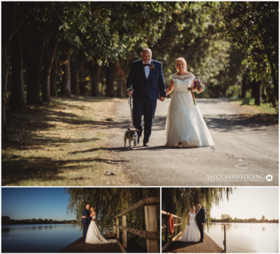 Bridal couple with dog walking, lakeside wedding photoshoot.