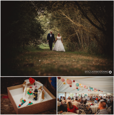 Wedding day collage: couple, lego cake topper, reception tent.