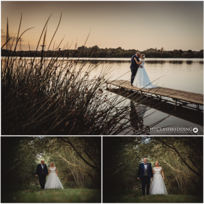 Wedding couple by scenic lake at sunset.