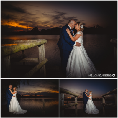 Couple embracing at sunset lakeside wedding.