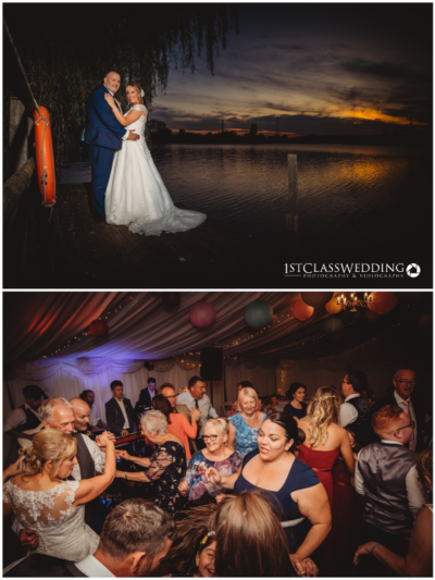 Lakeside wedding portrait and lively dance floor celebration.