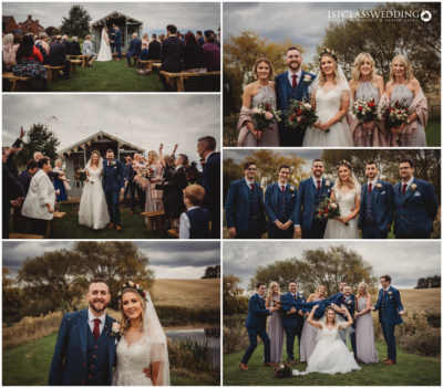 Outdoor wedding ceremony and bridal party in countryside setting.