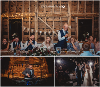 Rustic barn wedding reception with joyful moments.